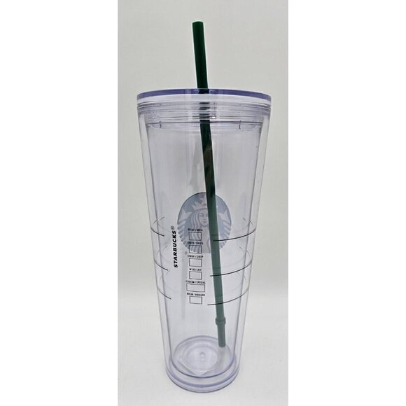 STARBUCKS Venti Tumbler Clear Green Logo Lid 24oz Double Wall Straw Screw on lid - Picture 2 of 6